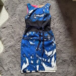 T Tahari Blue Patterned Midi Sheath Dress